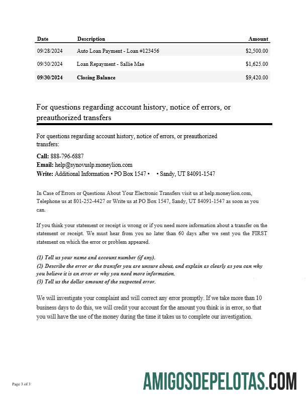 Extrato bancário Synovus dos EUA para impressão, modelo Word e PDF, 3 páginas 2